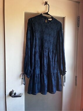 Long-Sleeve Navy Tiered Smocked Yoke Dress